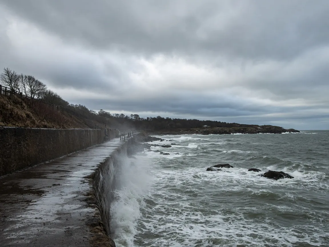 Wind and grey Firth of Forth at the Kirkcaldy esplanade, Kirkcaldy, Fife