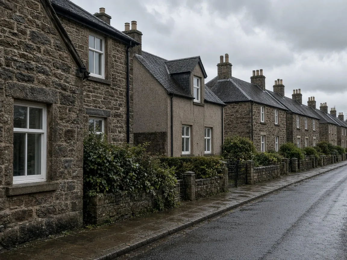 Wet Fife street of stone and harled houses in Kirkcaldy, Fife