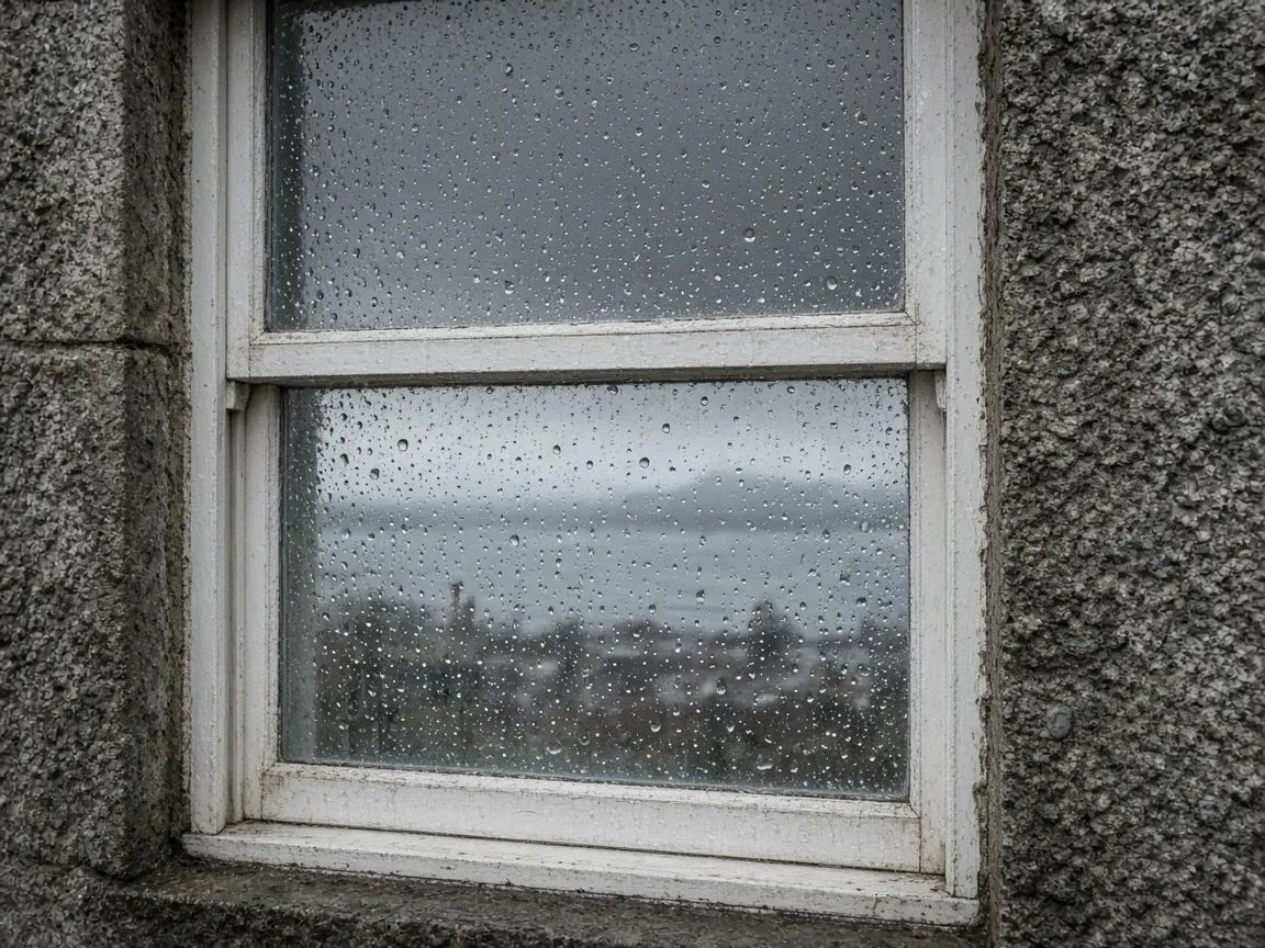 Close view of a residential window in rain, Kirkcaldy, Fife